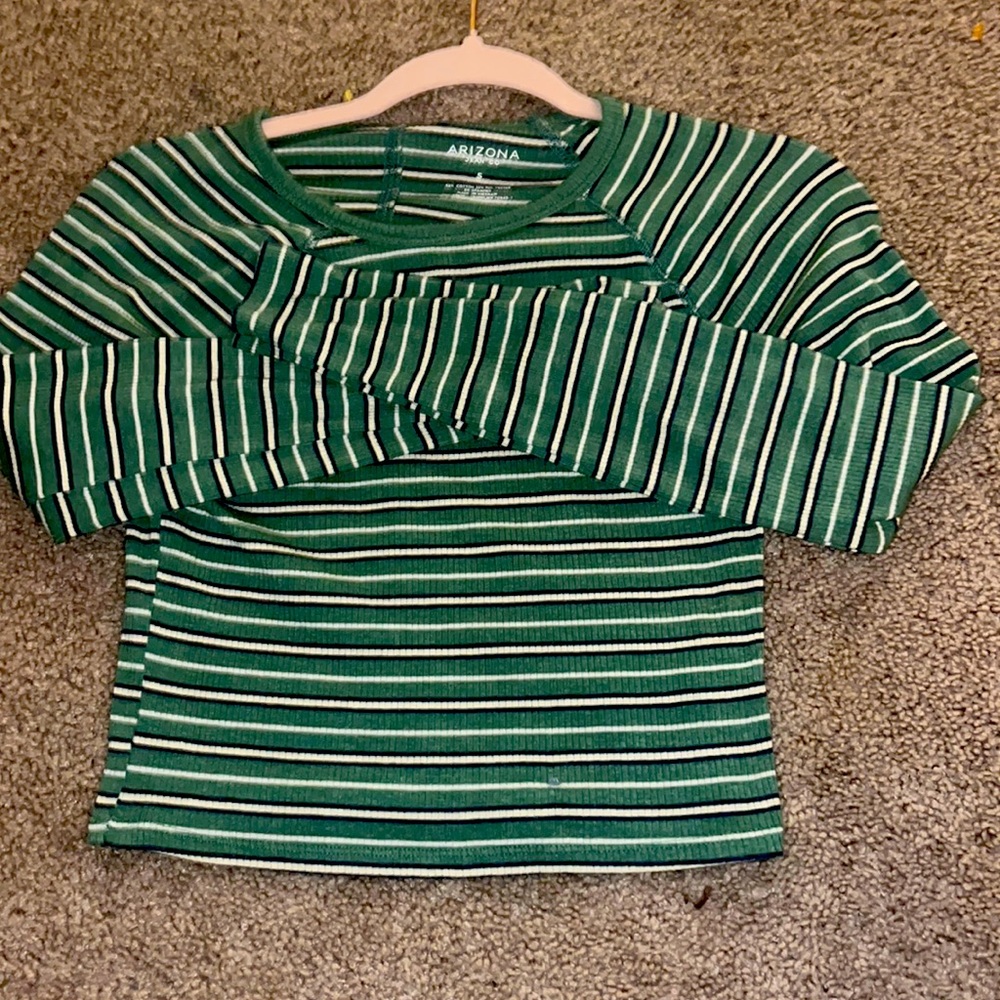 Green striped cropped long sleeved top